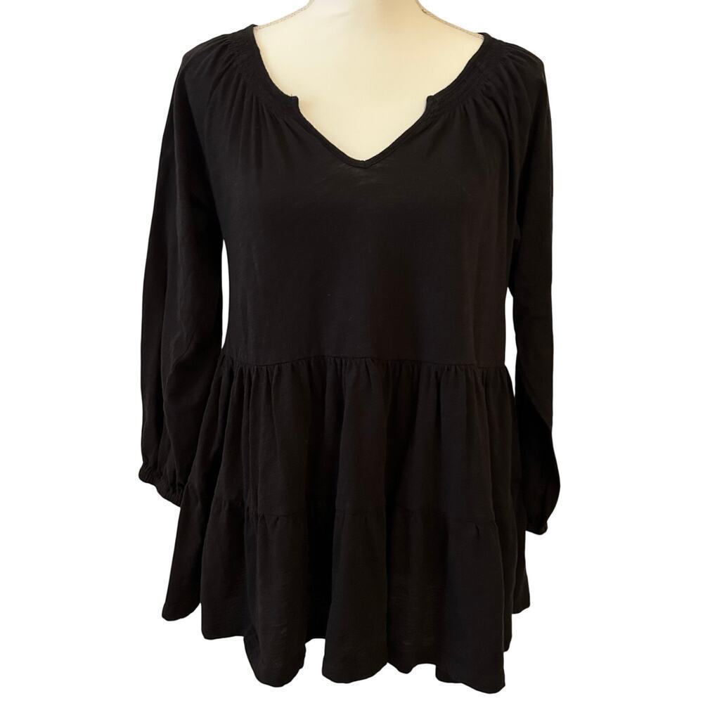 Maeve Anthropologie Black Peplum Boho Babydoll Tunic Blouse Top Size Small